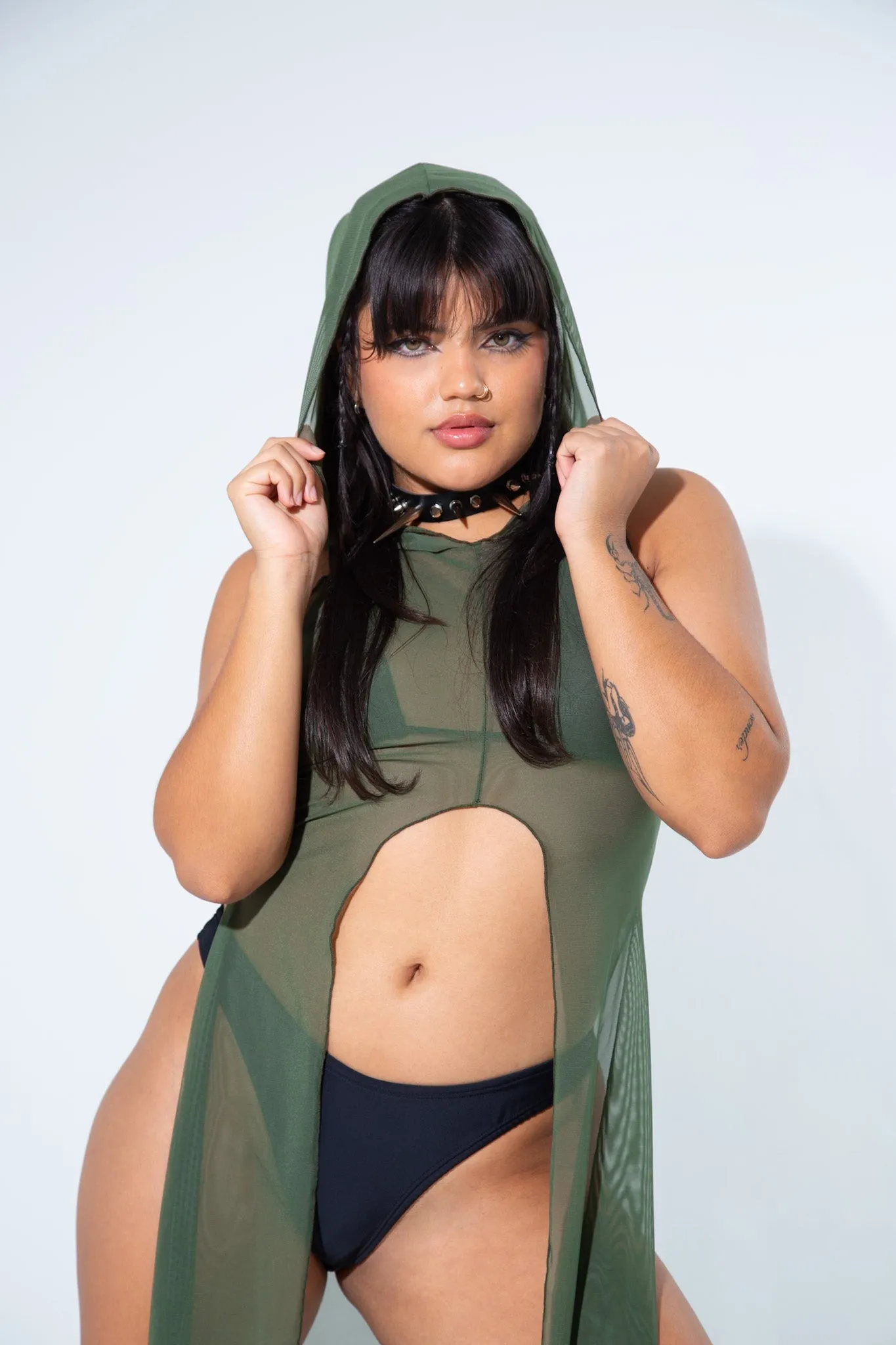 La Cosa Hooded Mesh Dress in Olive Green