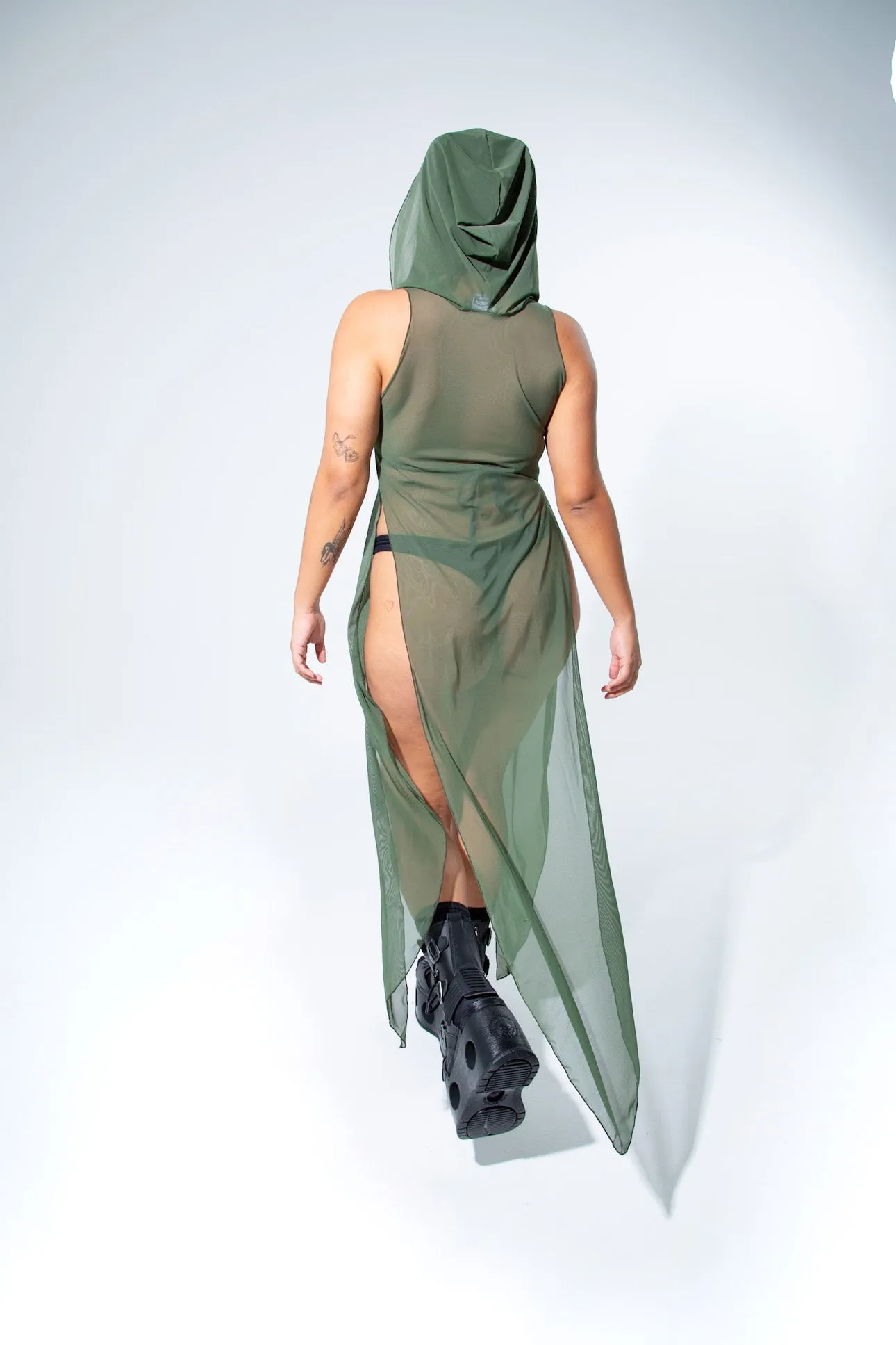 La Cosa Hooded Mesh Dress in Olive Green