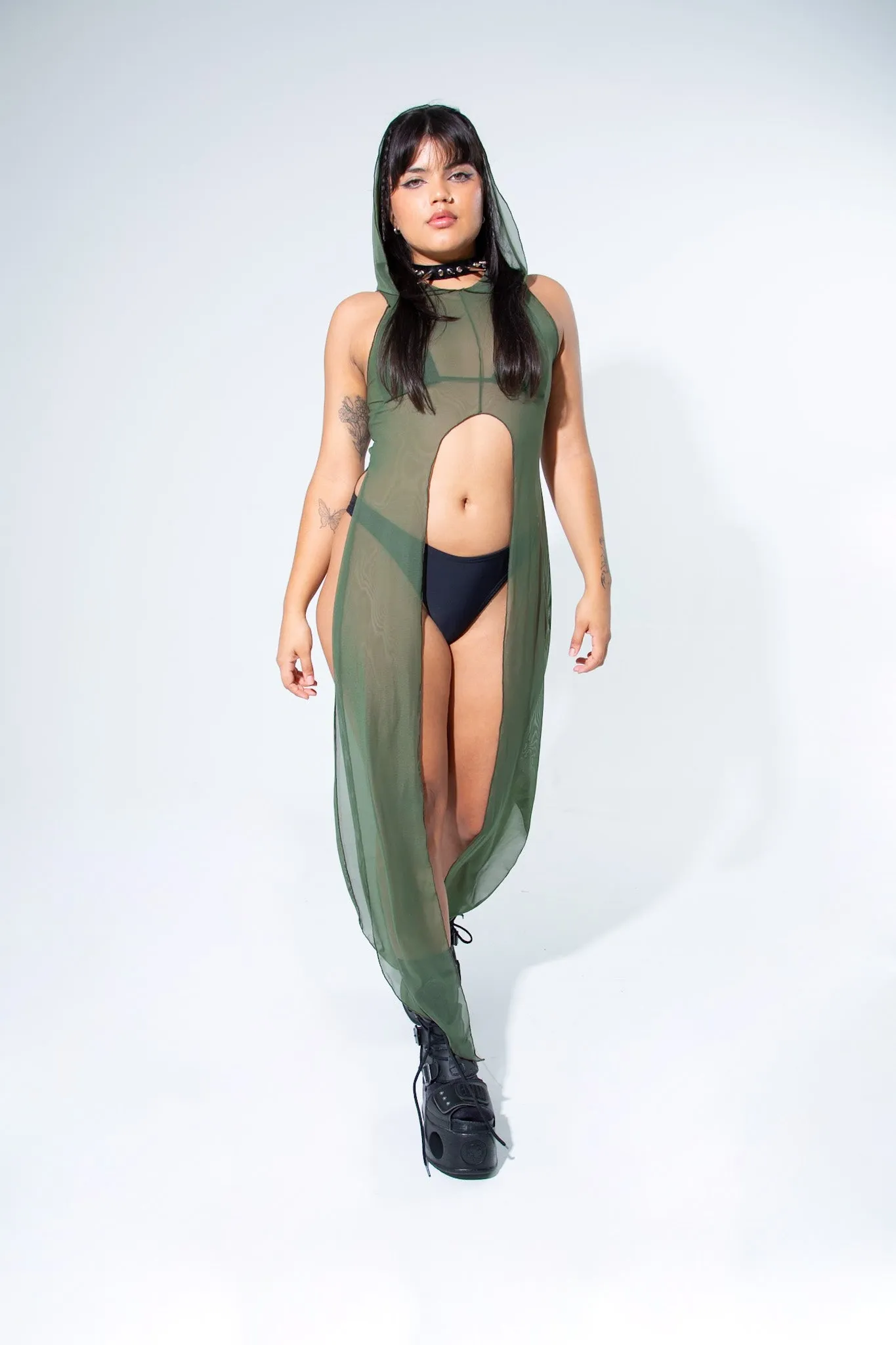 La Cosa Hooded Mesh Dress in Olive Green