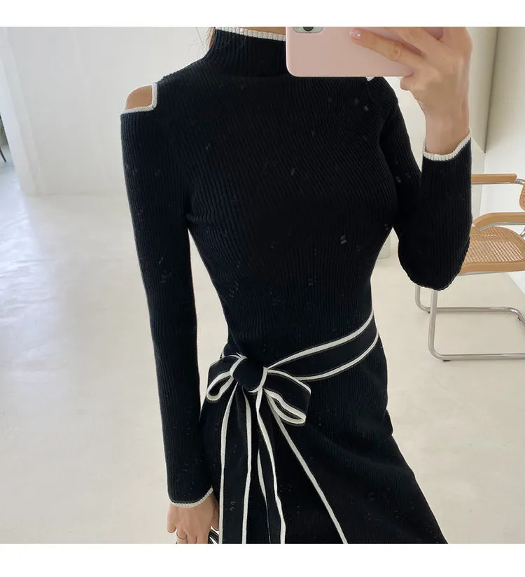 Lace-up Slip-shoulder Knitted Sweater Dress