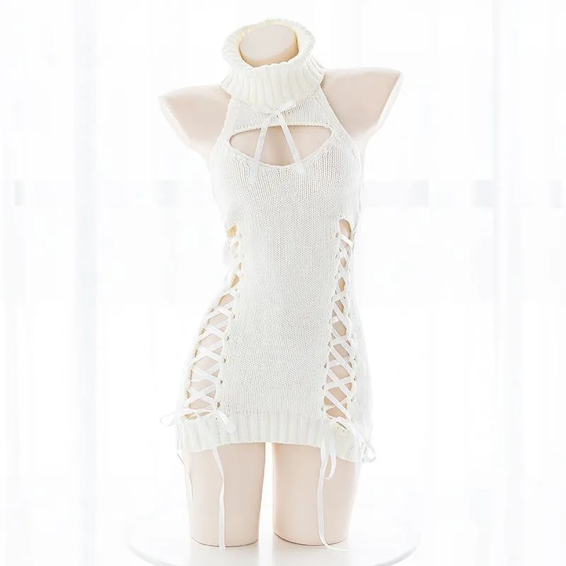 Lace Up Virgin Killer Sweater Dress