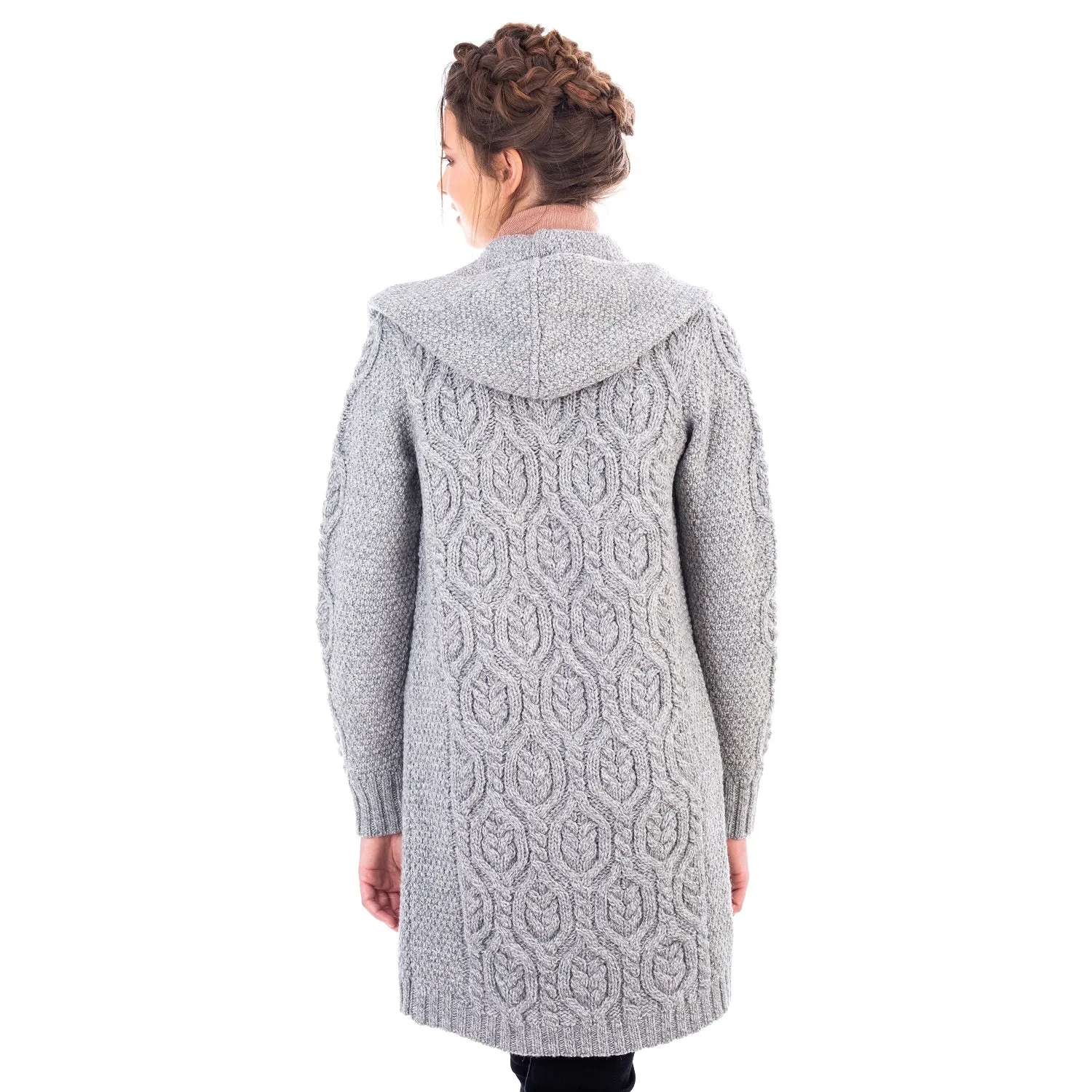 Ladies Hooded Honeycomb Cable Aran Coat