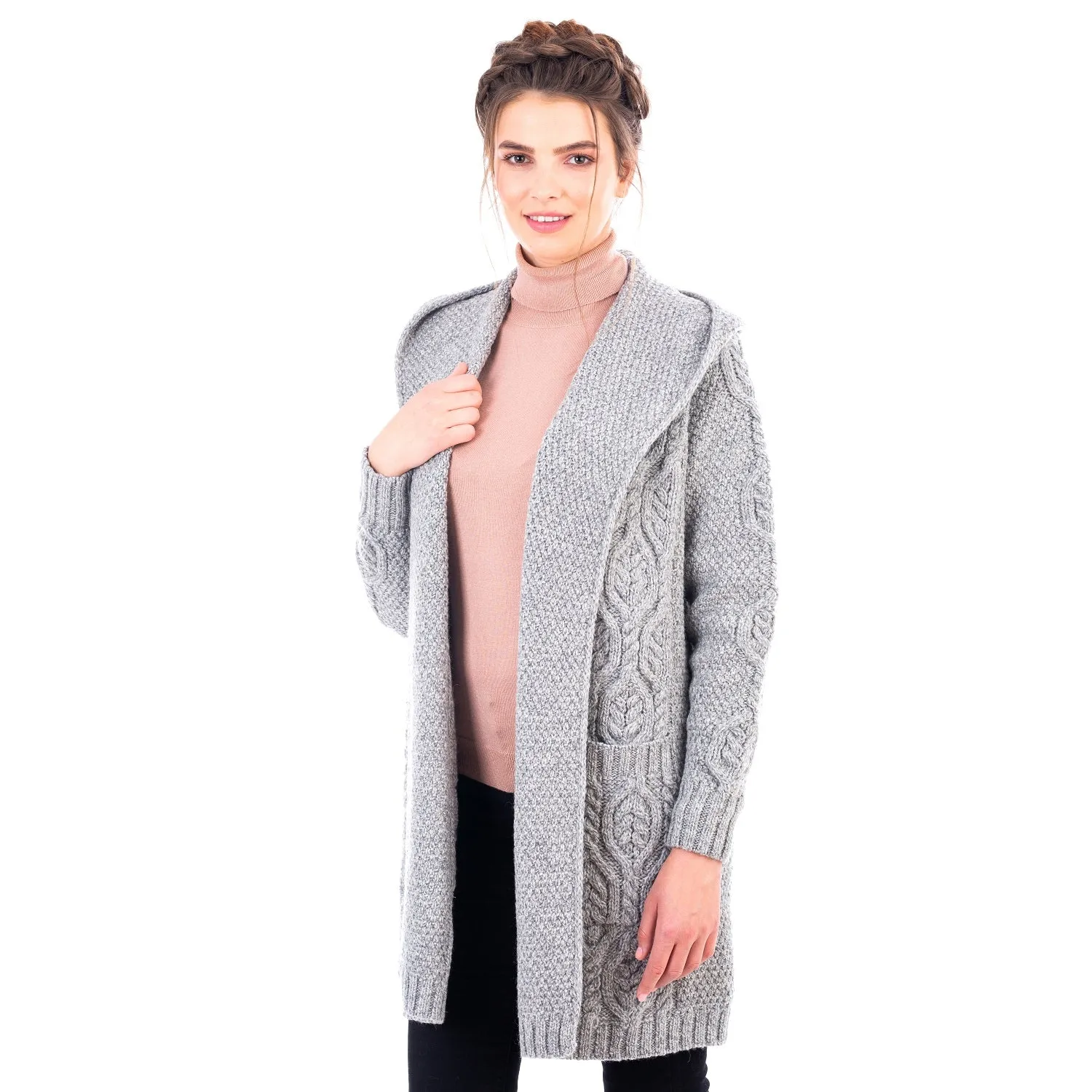 Ladies Hooded Honeycomb Cable Aran Coat