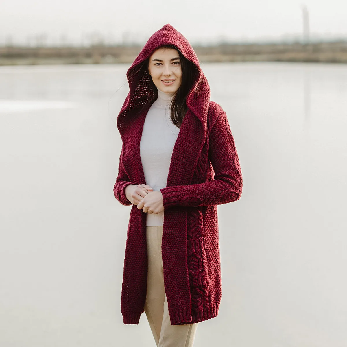 Ladies Hooded Honeycomb Cable Aran Coat