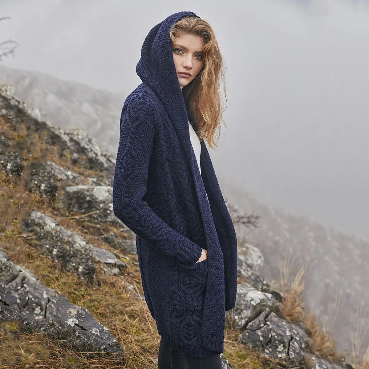 Ladies Hooded Honeycomb Cable Aran Coat