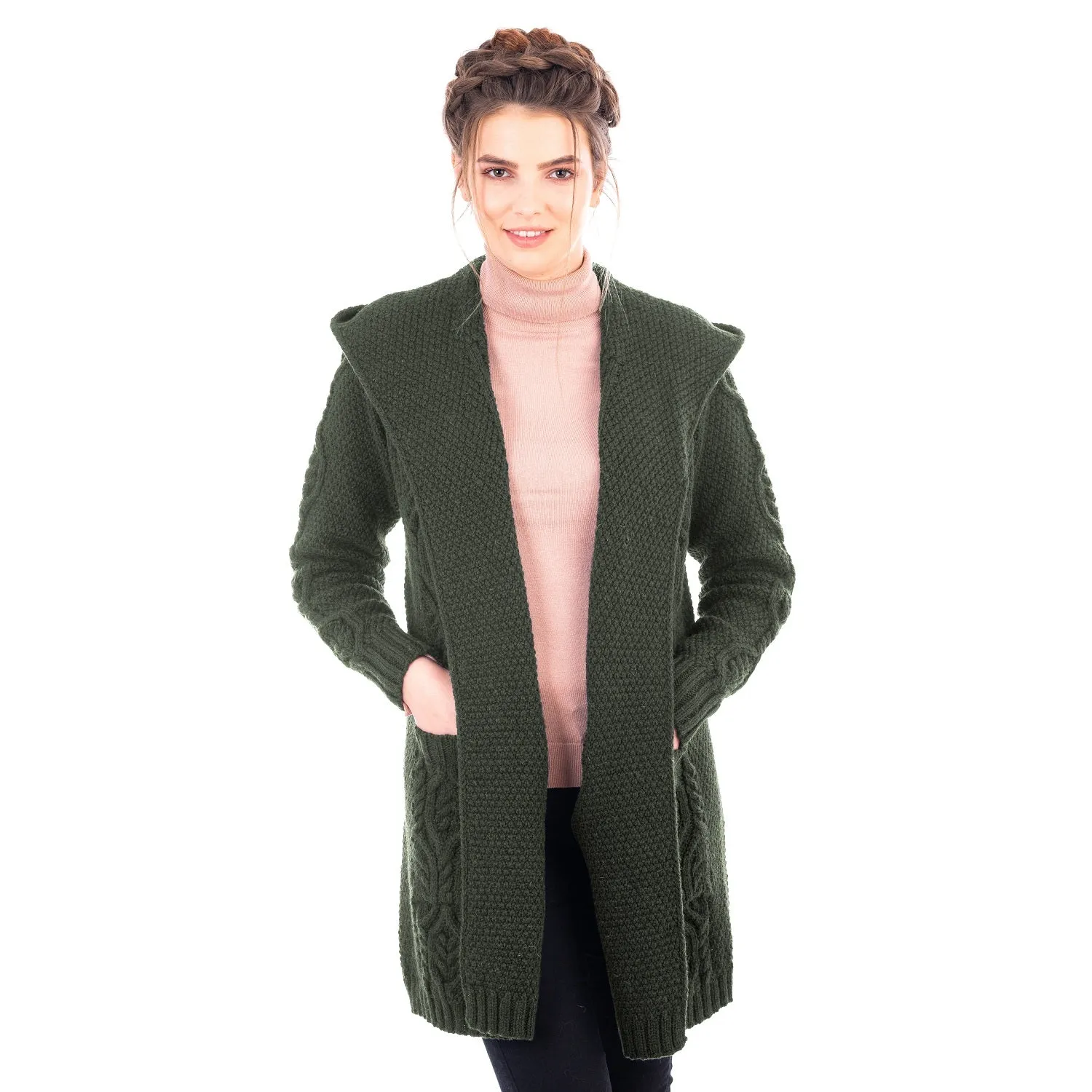 Ladies Hooded Honeycomb Cable Aran Coat