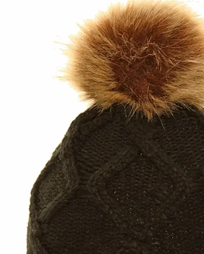 Ladies Michy Cable Knit Bobble Hat Fuax Poms - Black