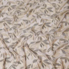 Latte beige Premium pure silk chiffon fabric with black viscose and gold metallic lurex in Leaf Design-D16549