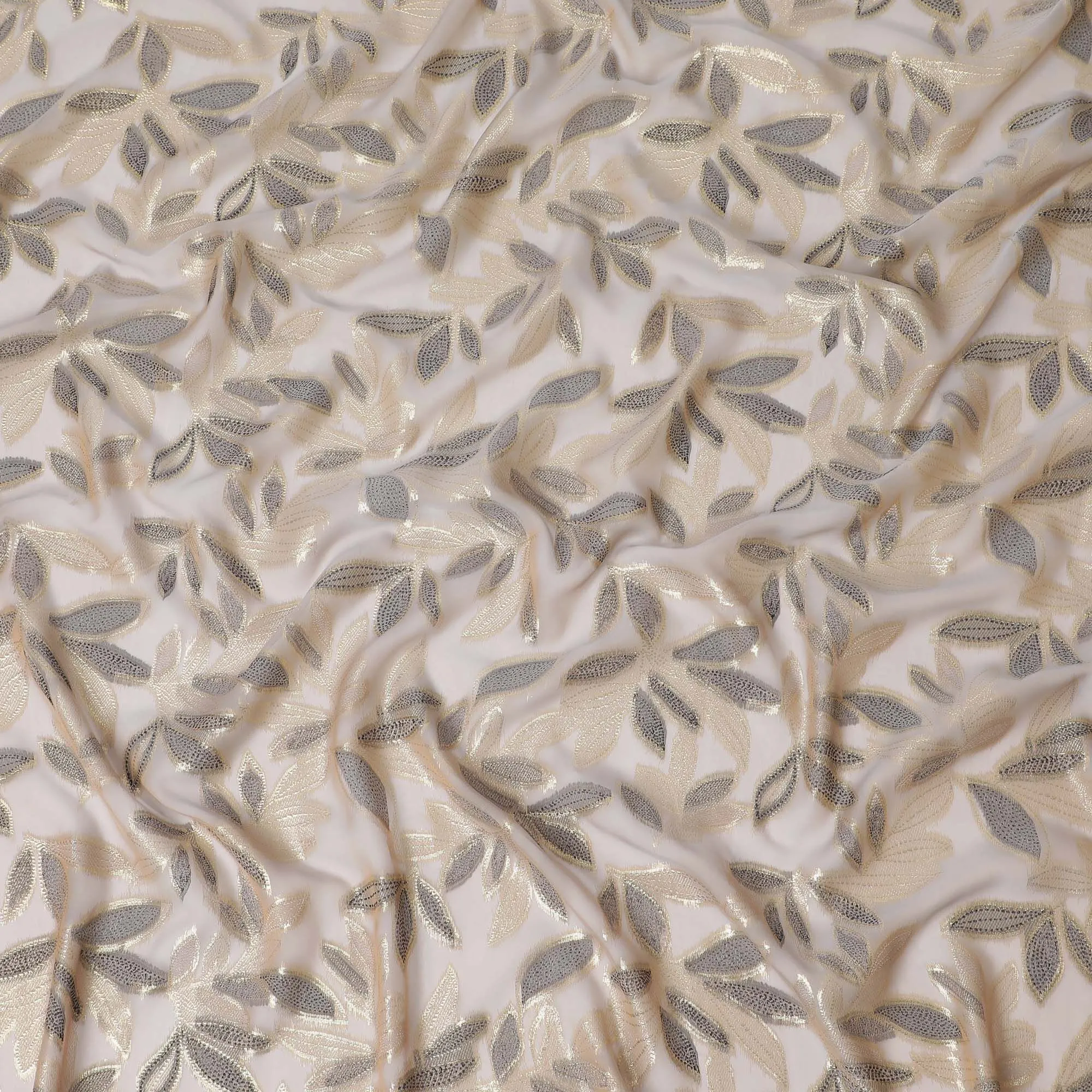 Latte beige Premium pure silk chiffon fabric with black viscose and gold metallic lurex in Leaf Design-D16549