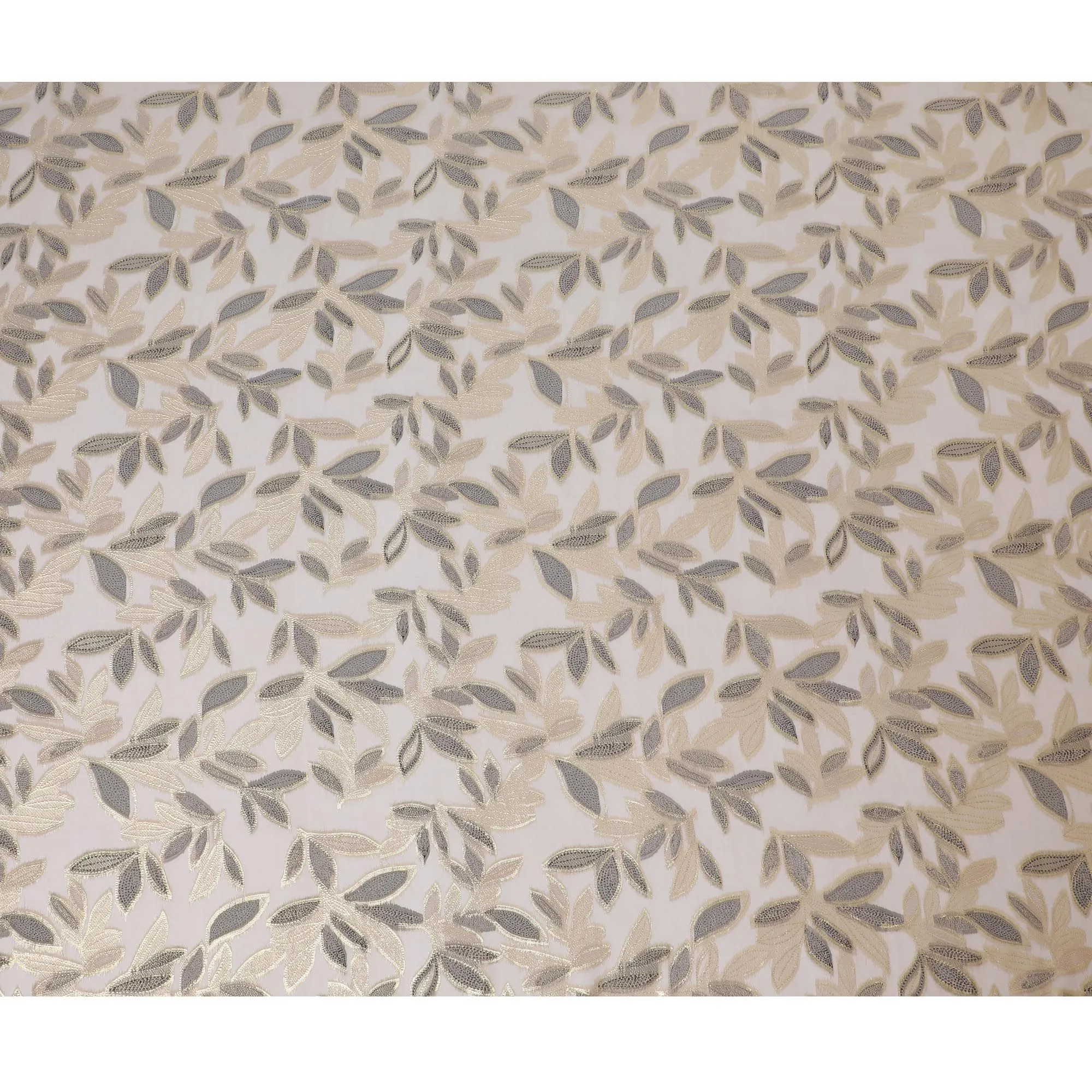 Latte beige Premium pure silk chiffon fabric with black viscose and gold metallic lurex in Leaf Design-D16549