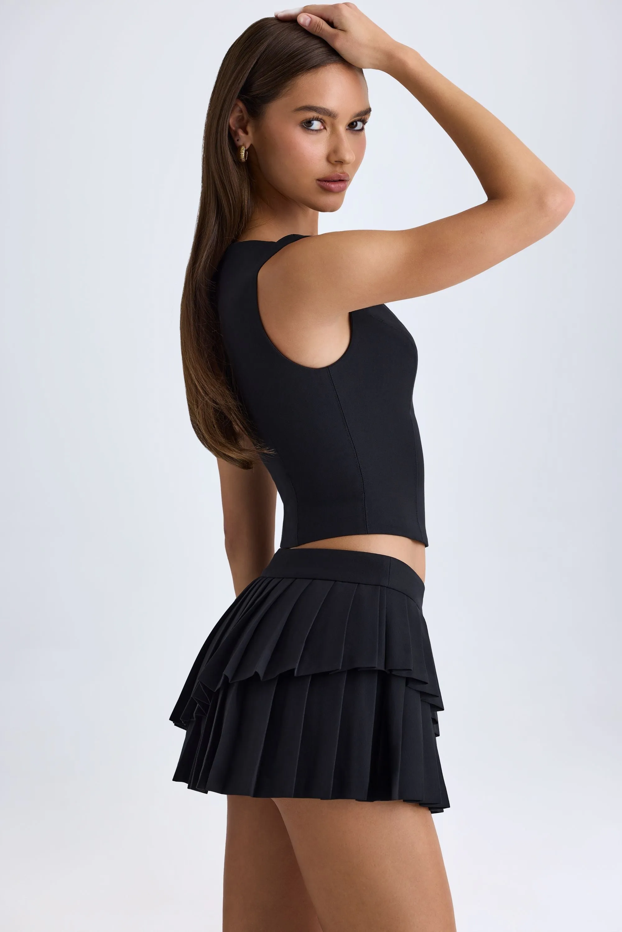 Layered Pleated Low-Rise Mini Skirt in Black