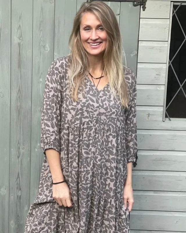 Leaf Print Tiered Dress - Mocha