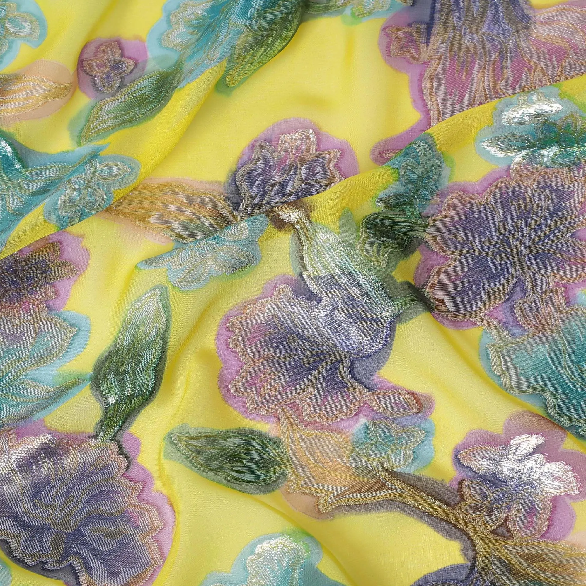 Lemon yellow premium pure silk chiffon fabric with multicolor hand printed and metallic lurex in floral design-D10428