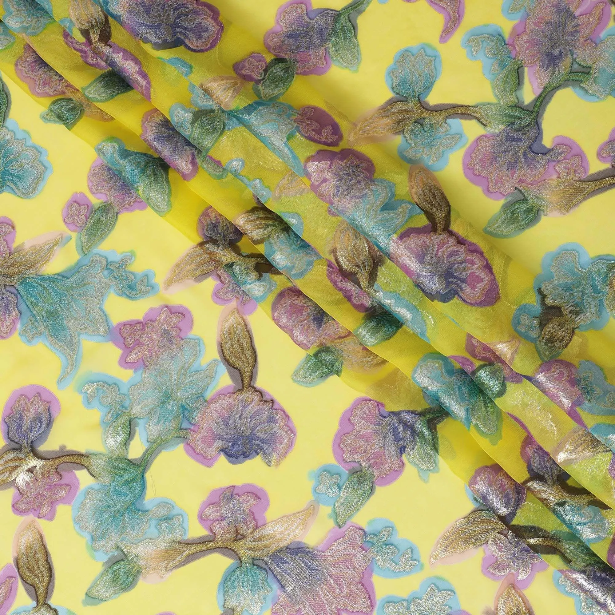 Lemon yellow premium pure silk chiffon fabric with multicolor hand printed and metallic lurex in floral design-D10428