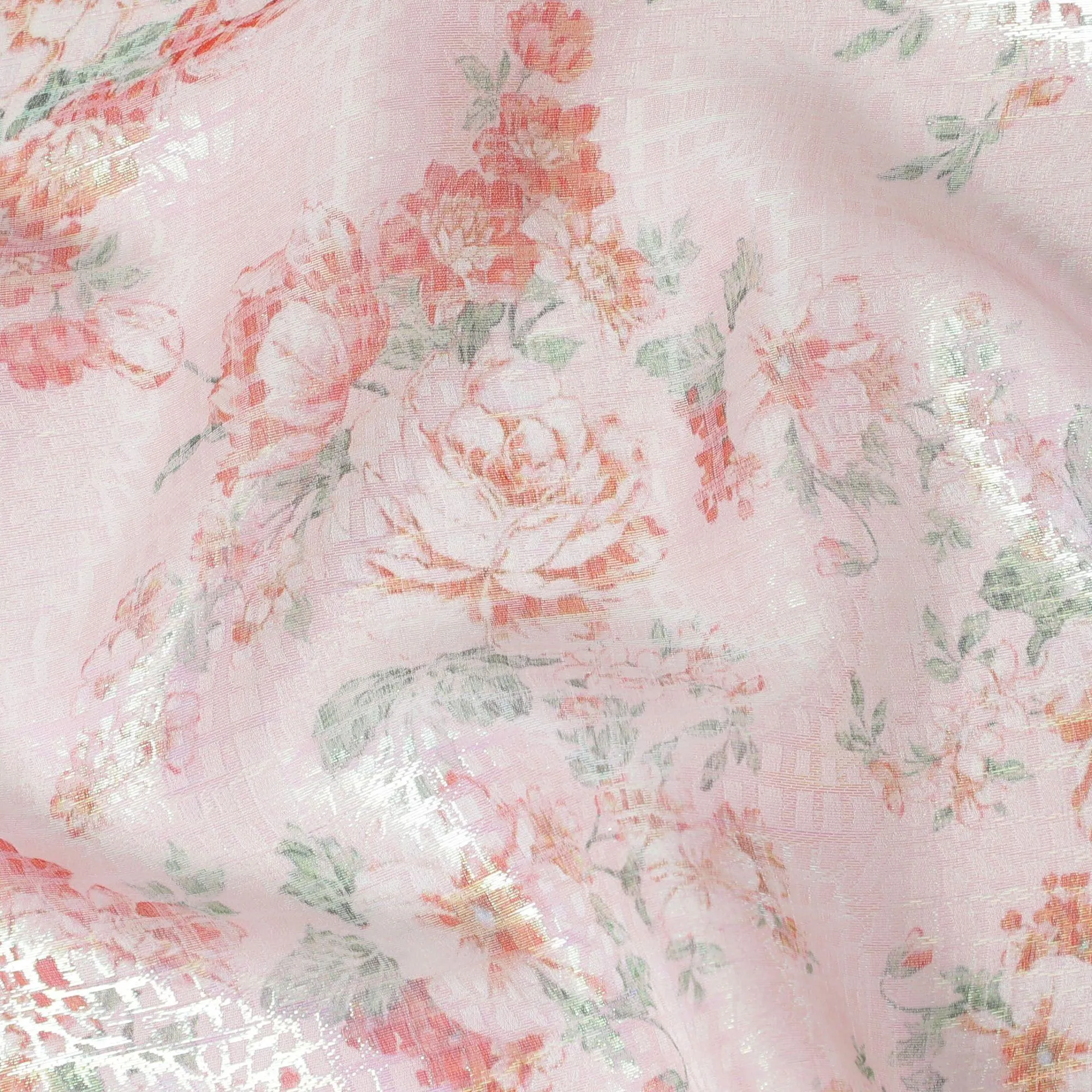 Light peach Premium pure silk chiffon fabric with multicolor print having neon green metallic lurex in floral design-D14560