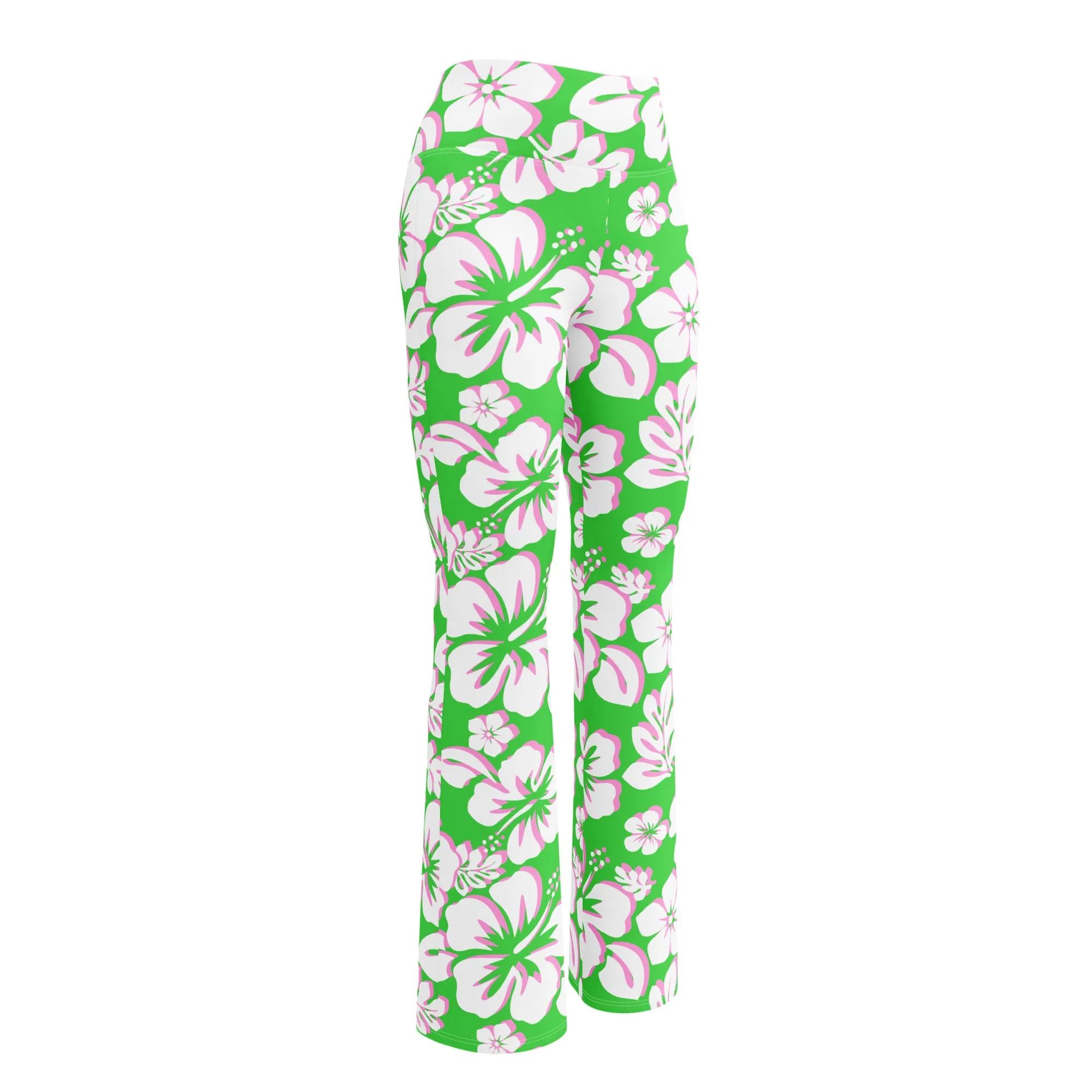 Lime Green, Pink and White Hawaiian Flowers Flare Leggings