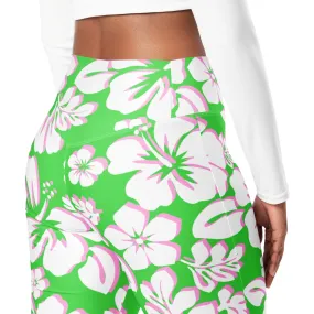 Lime Green, Pink and White Hawaiian Flowers Flare Leggings