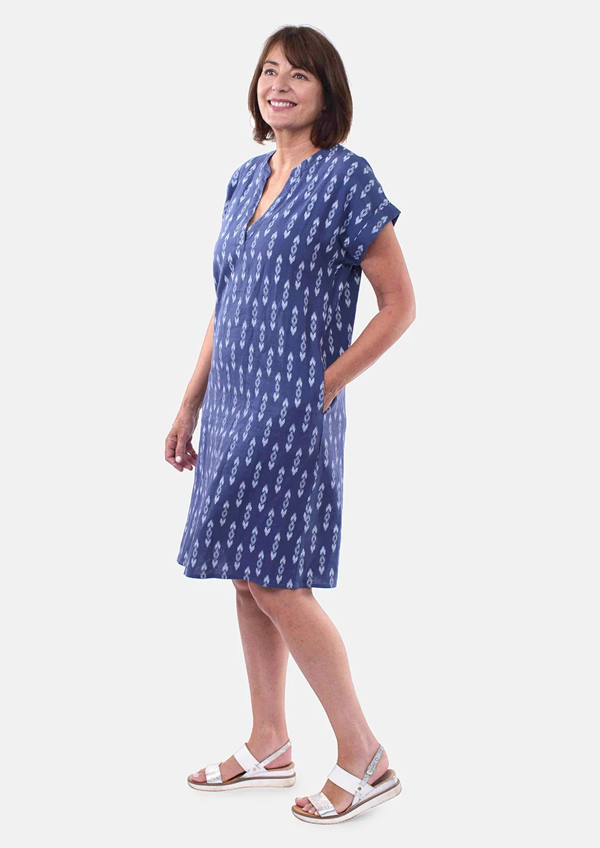 Linen Notch Neck Ikat Dress