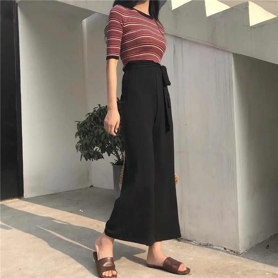 Long Flared Chiffon Black Beige Waist Belt Oversized Pants