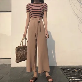 Long Flared Chiffon Black Beige Waist Belt Oversized Pants