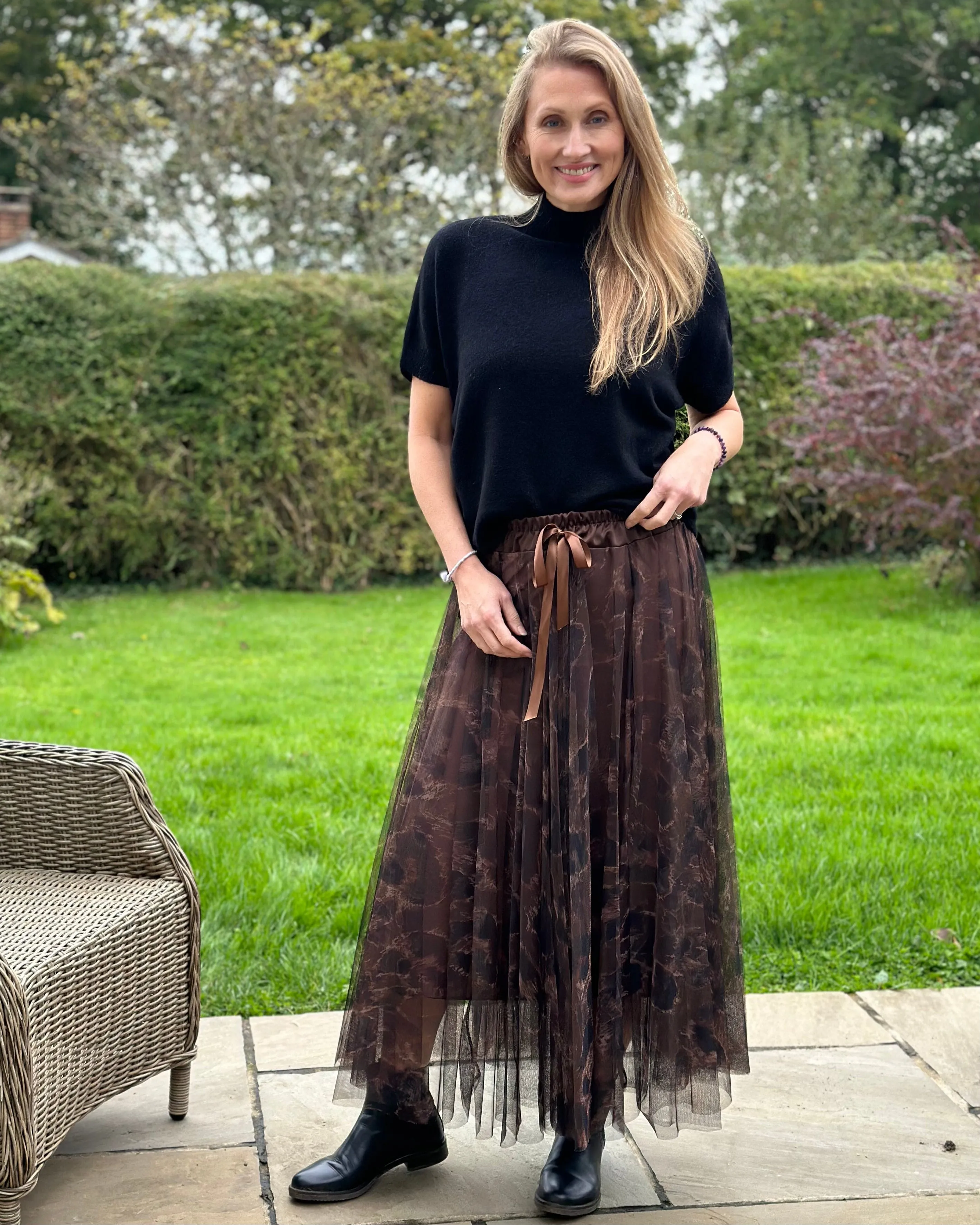 Long Pleated Animal Print Tulle Skirt - Chocolate