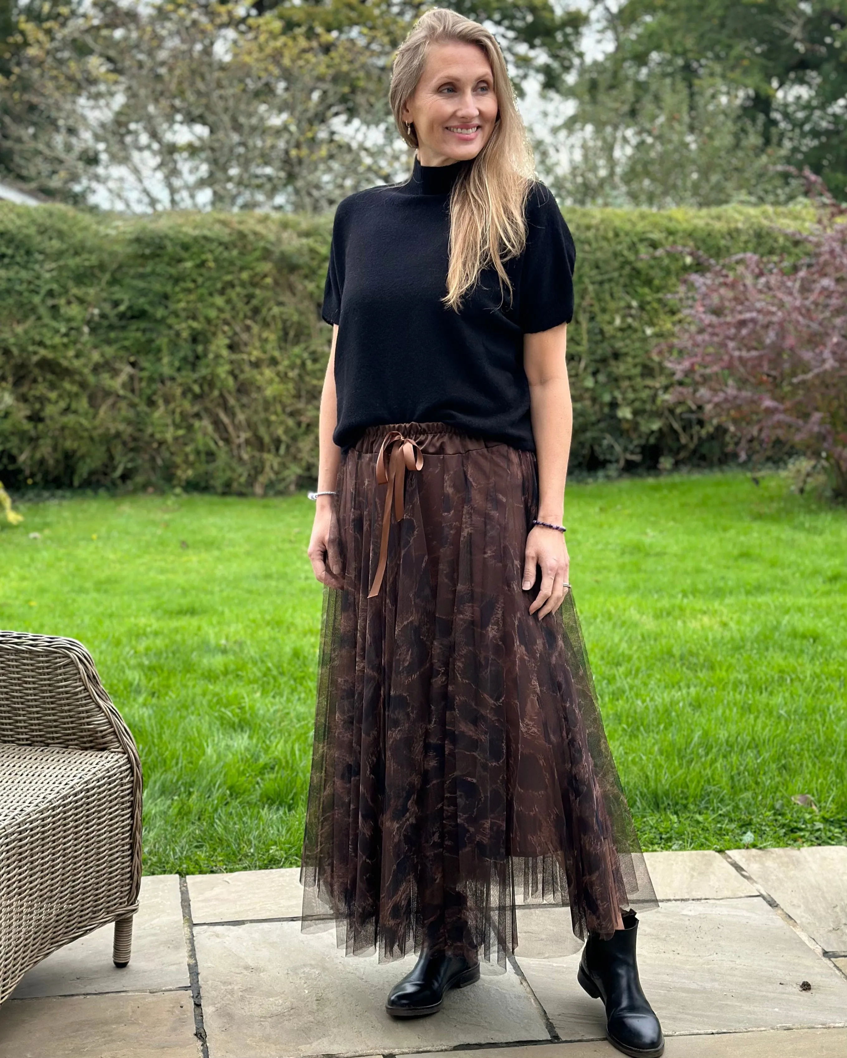 Long Pleated Animal Print Tulle Skirt - Chocolate