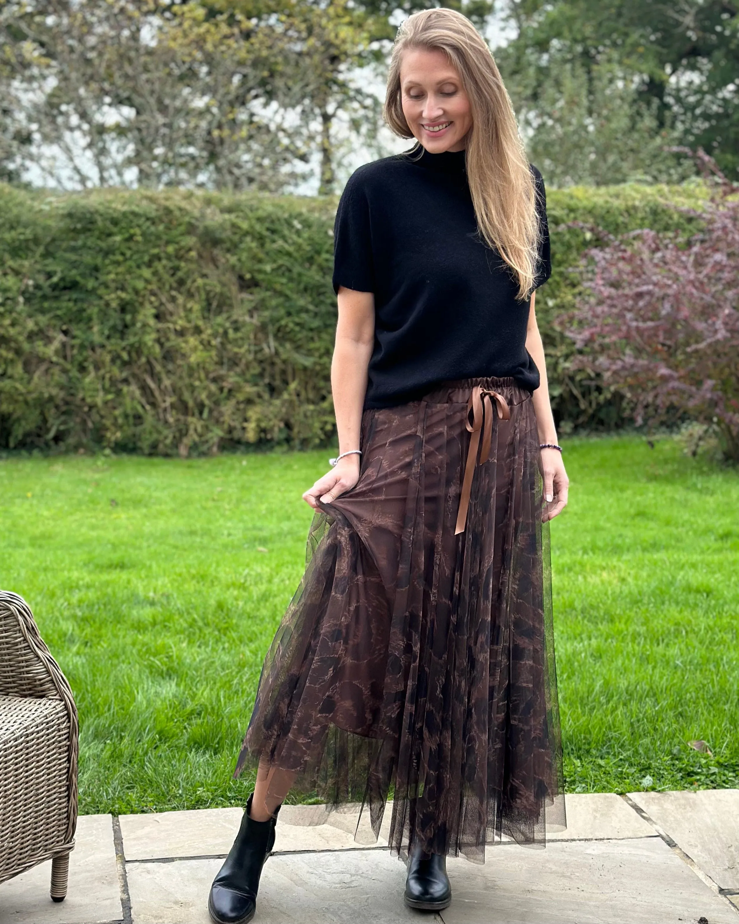 Long Pleated Animal Print Tulle Skirt - Chocolate