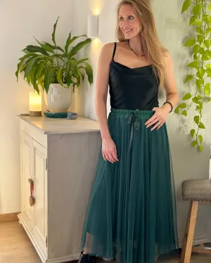 Long Pleated Tulle Skirt - Forest Green