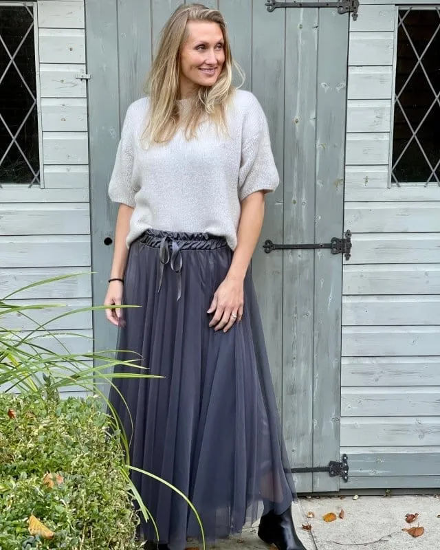 Long Pleated Tulle Skirt - Grey