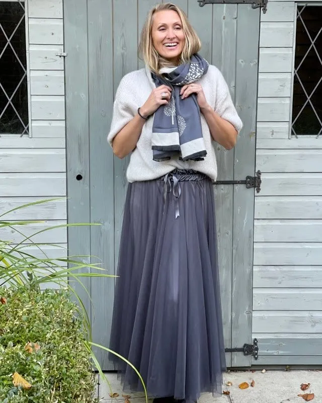 Long Pleated Tulle Skirt - Grey