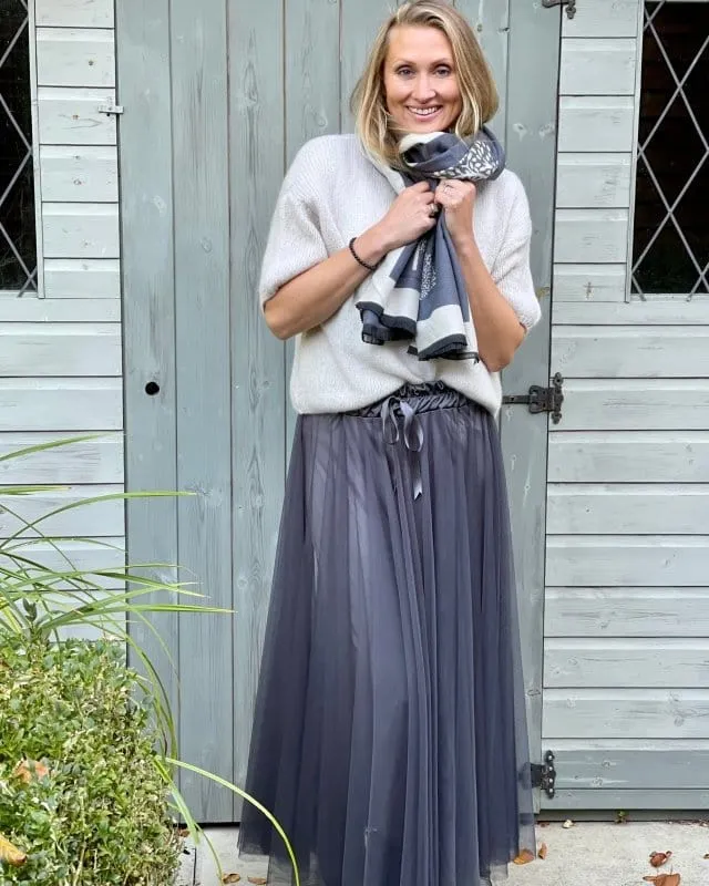 Long Pleated Tulle Skirt - Grey