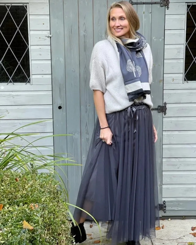 Long Pleated Tulle Skirt - Grey