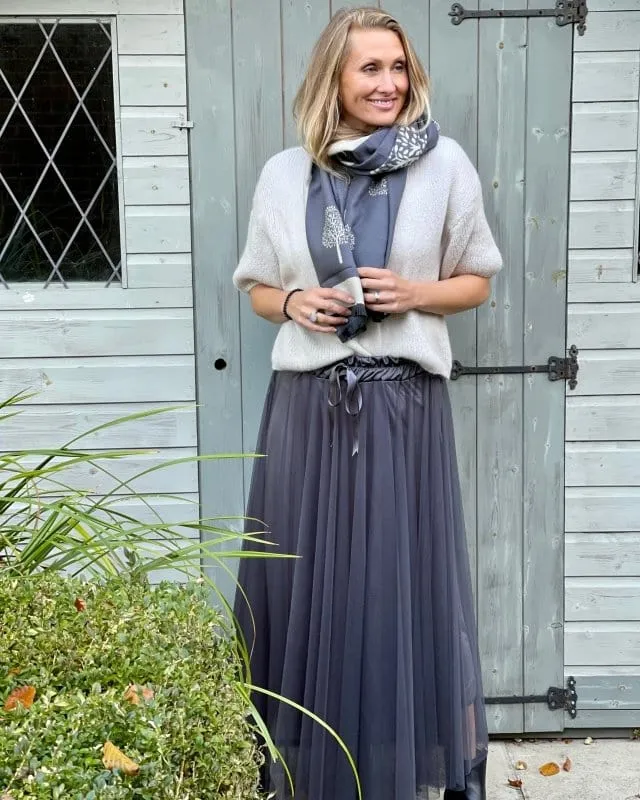 Long Pleated Tulle Skirt - Grey