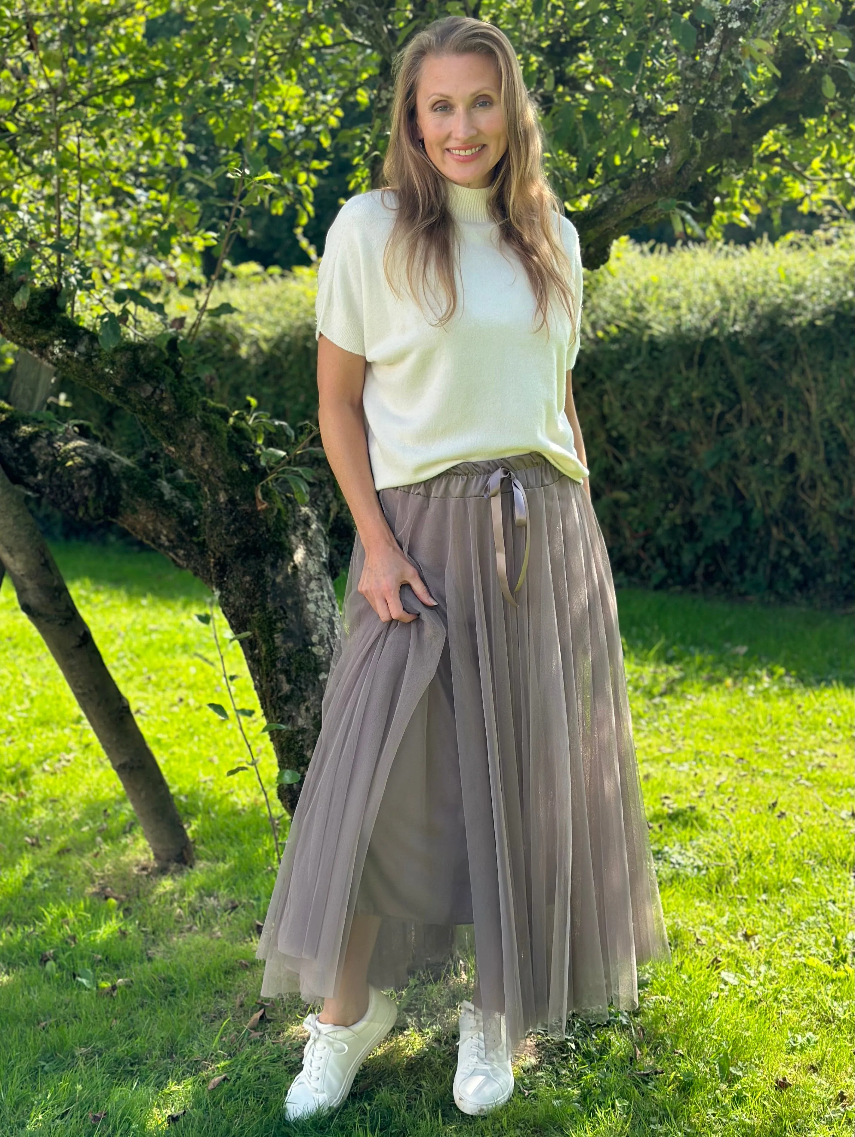 Long Pleated Tulle Skirt - Mink