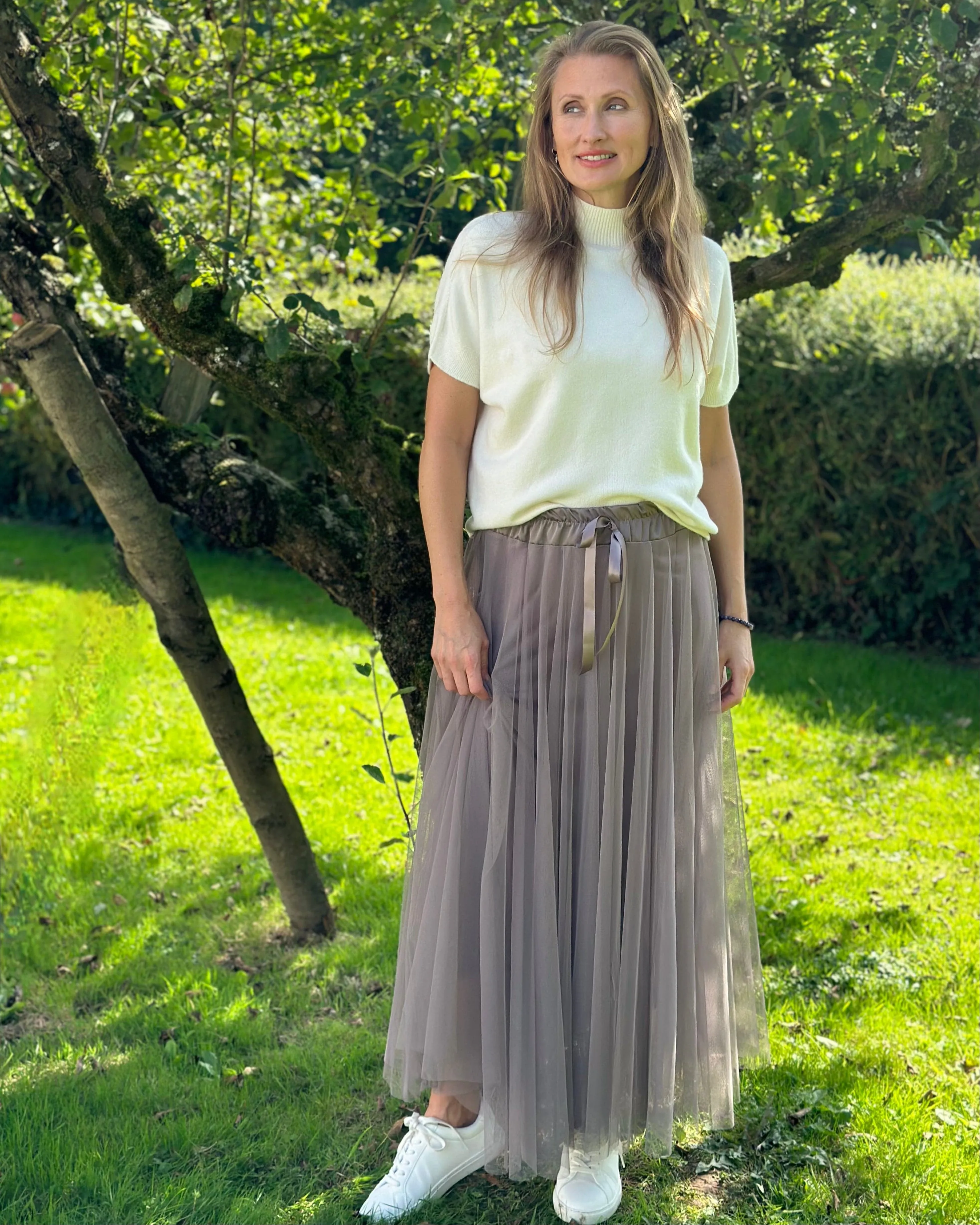 Long Pleated Tulle Skirt - Mink