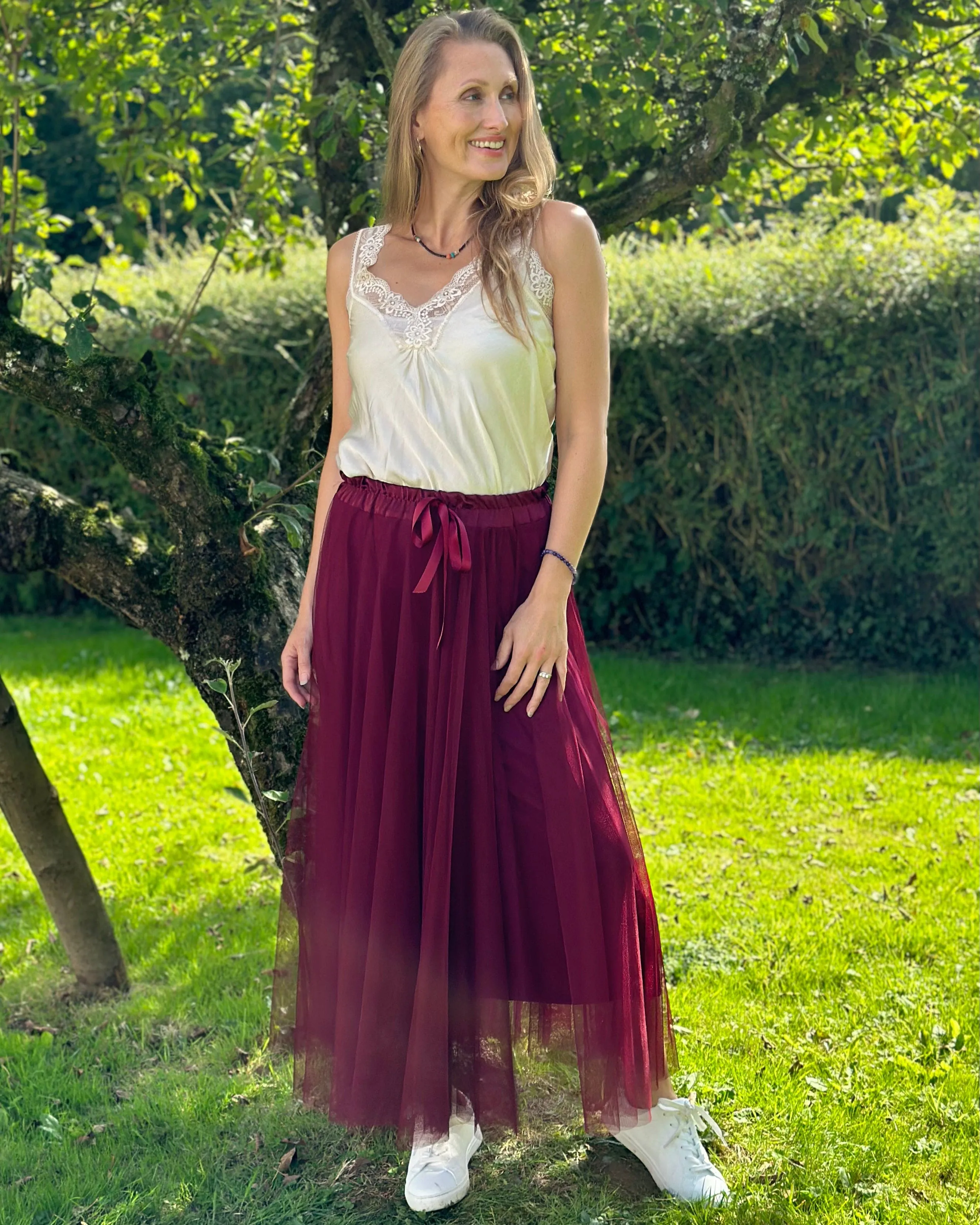 Long Pleated Tulle Skirt - Wine