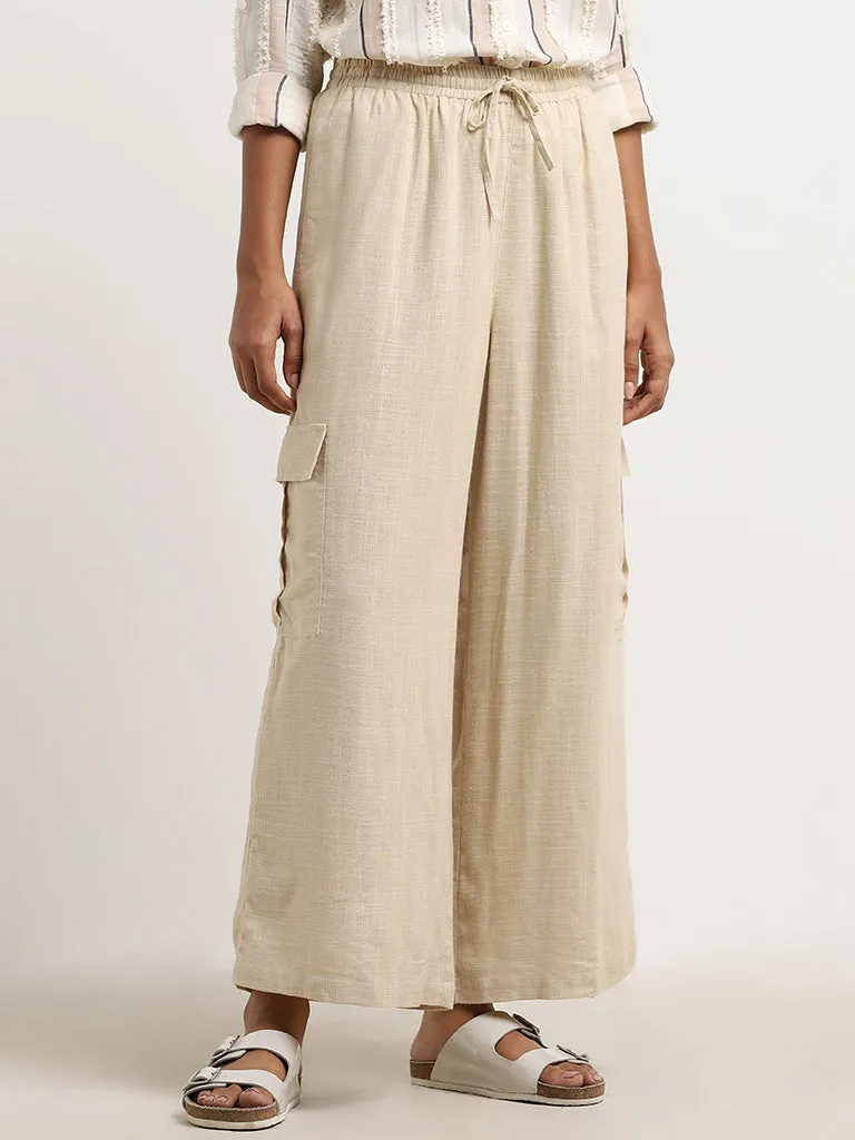 LOV Beige Flared Mid-Rise Blended Linen Pants