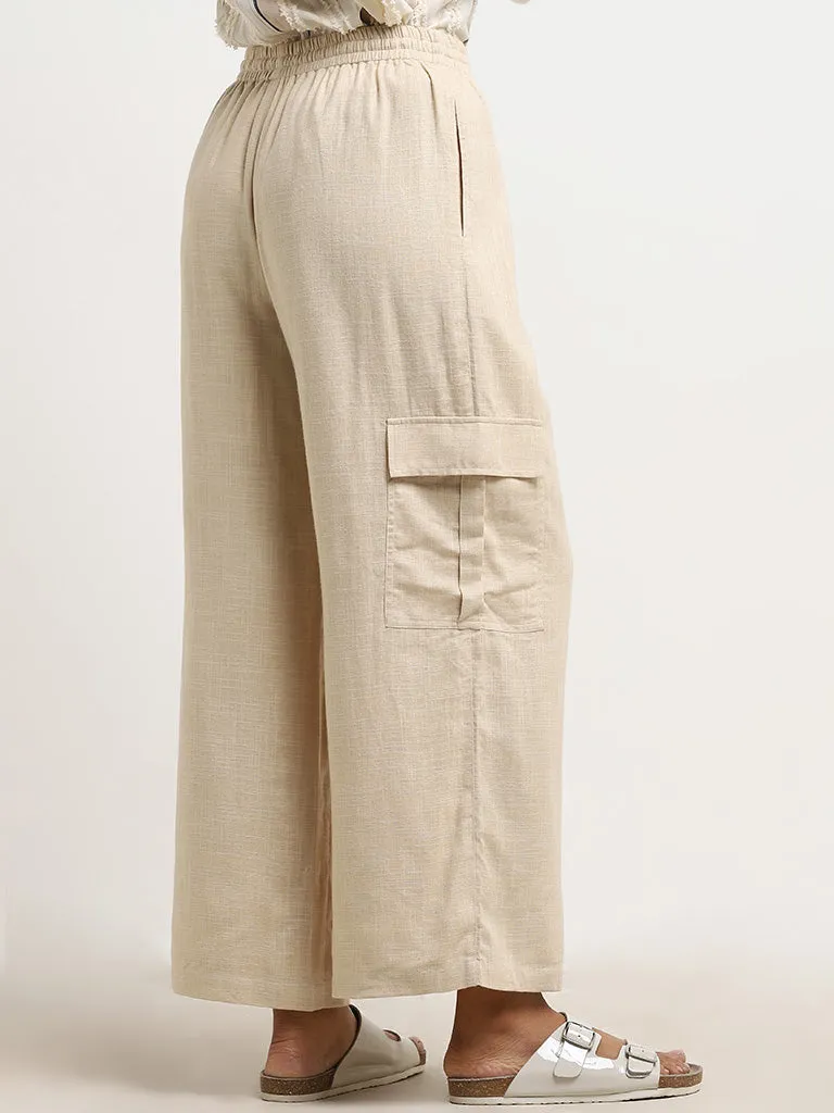 LOV Beige Flared Mid-Rise Blended Linen Pants