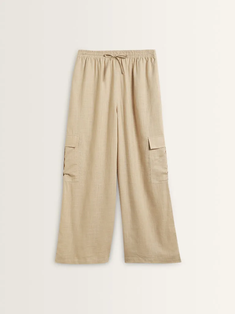 LOV Beige Flared Mid-Rise Blended Linen Pants