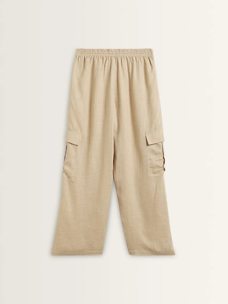 LOV Beige Flared Mid-Rise Blended Linen Pants