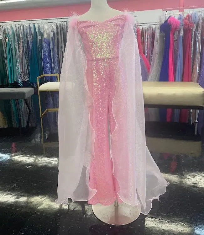 Marc Defang KIDS 8099K Size 8 Pink Pageant Jumpsuit sequins off the shoulder straps cape and feathers