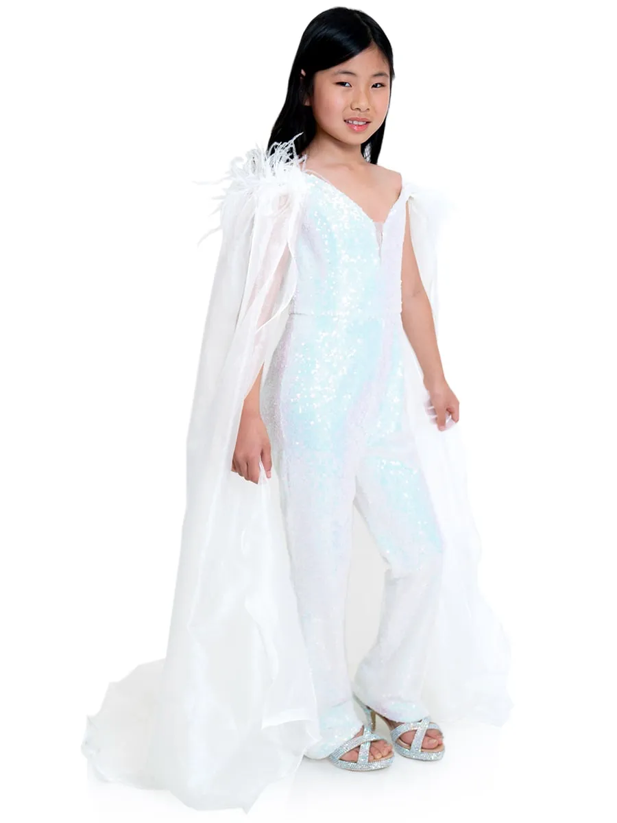 Marc Defang KIDS 8099K Size 8 Pink Pageant Jumpsuit sequins off the shoulder straps cape and feathers