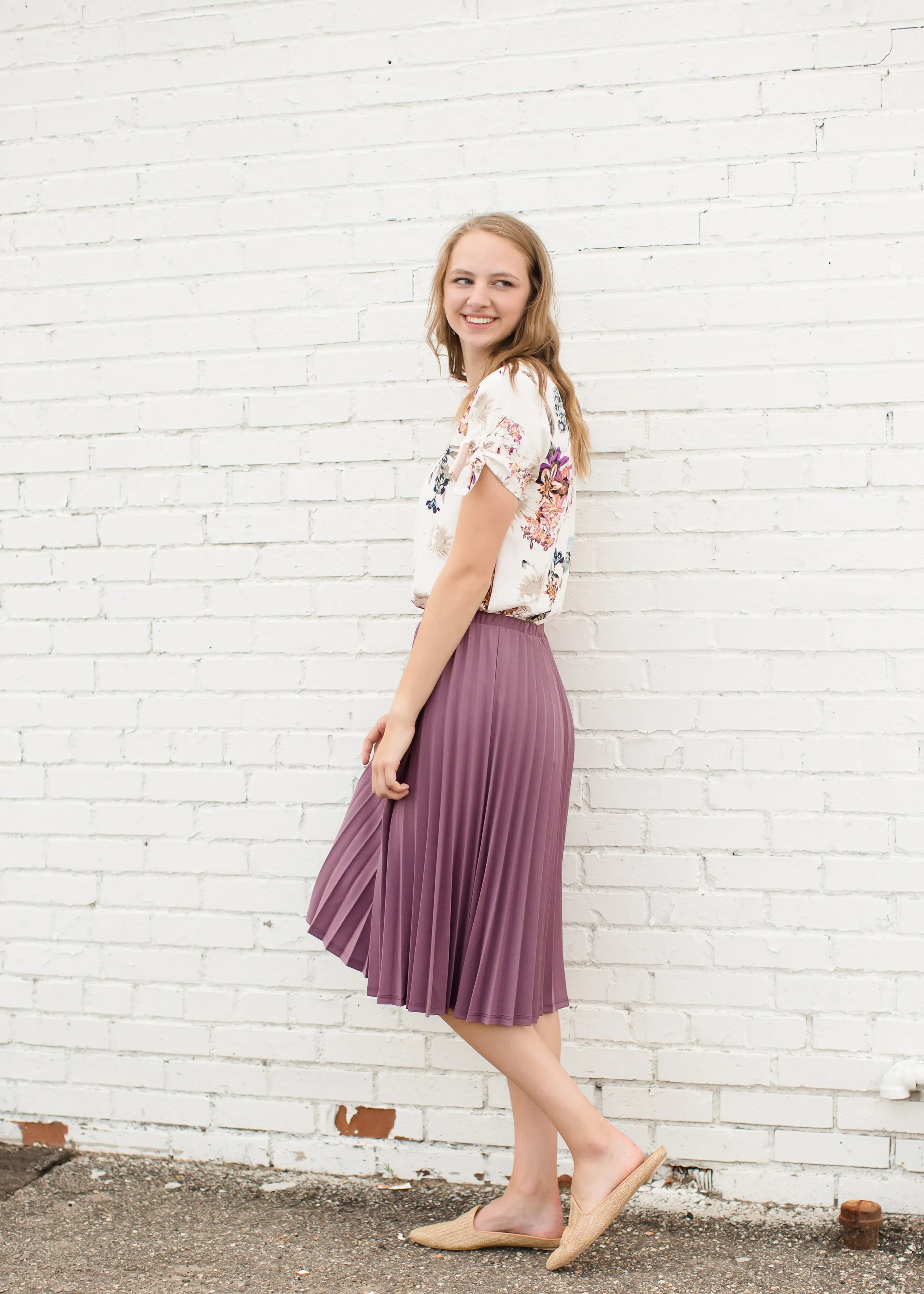 Mauve Pleated Midi Skirt