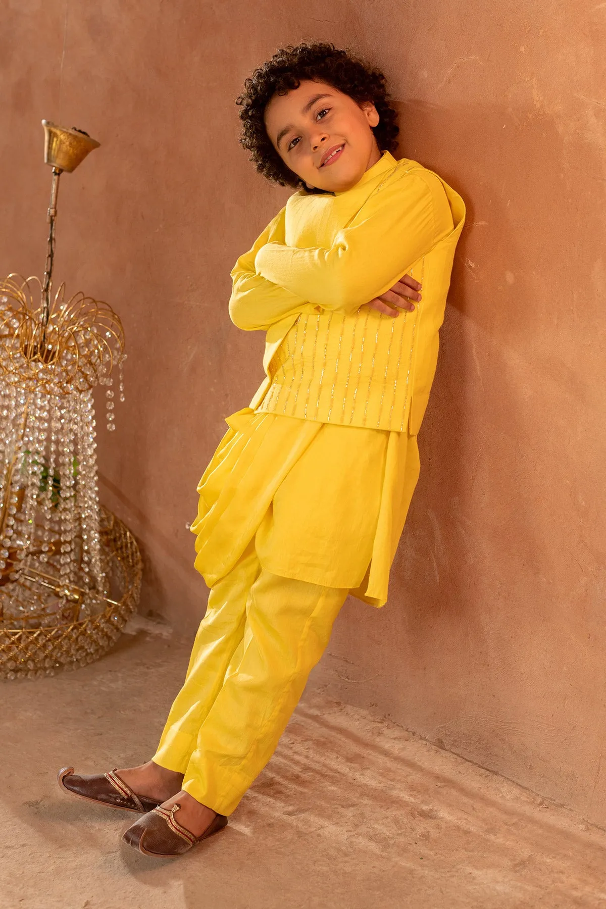 Meherzad - Embroidered 

Yellow Nehru Jacket Paired With Drape Kurta & Trouser Set