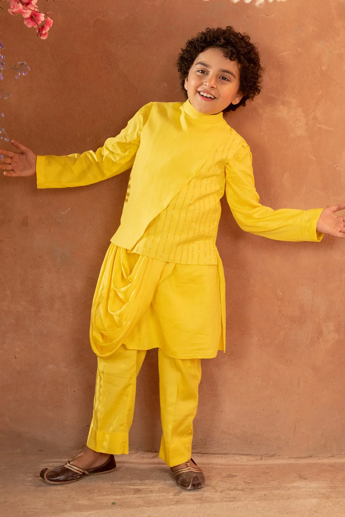 Meherzad - Embroidered Yellow Nehru Jacket Paired With Drape Kurta & Trouser Set