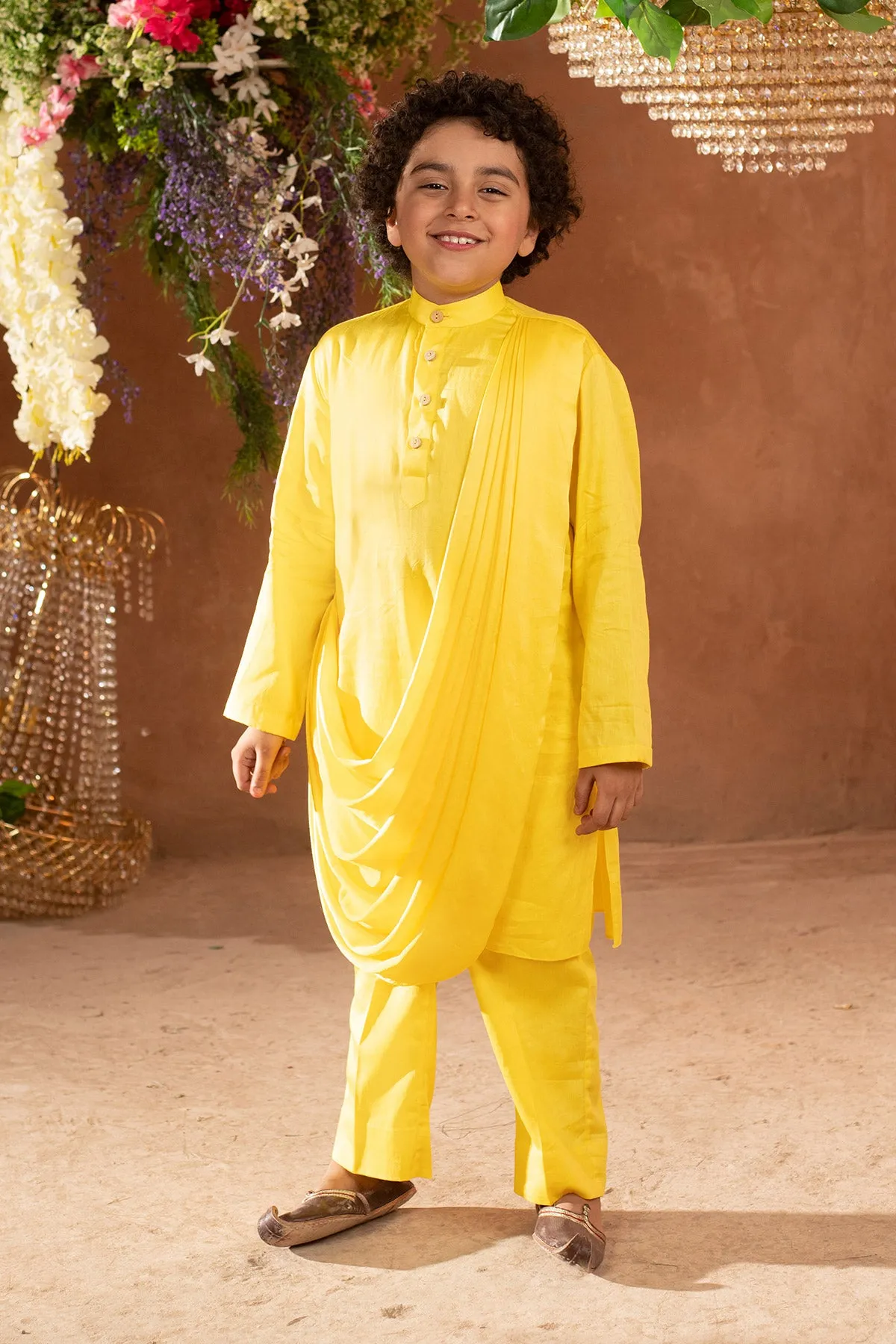 Meherzad - Embroidered Yellow Nehru Jacket Paired With Drape Kurta & Trouser Set