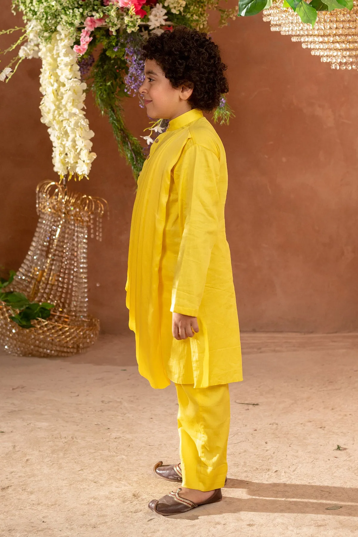 Meherzad - Embroidered 

Yellow Nehru Jacket Paired With Drape Kurta & Trouser Set