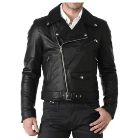 Men Classic Motorcycle Leather Jacket Black Belt