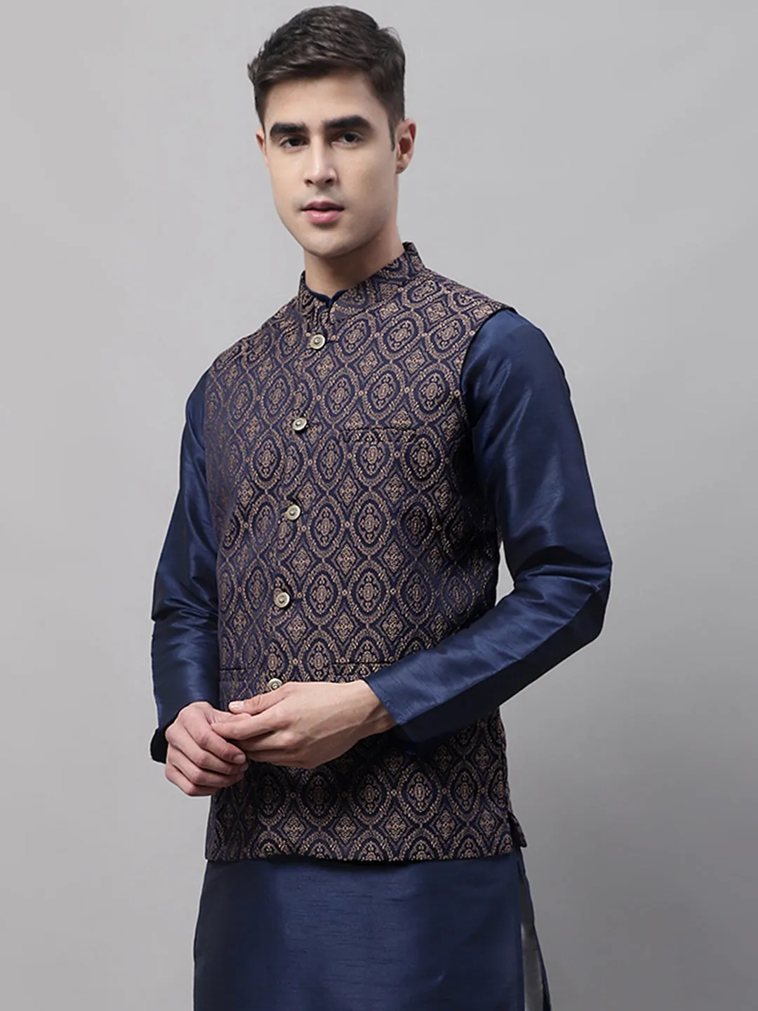 Men Navy Blue And Brown Woven Design Waistcoats