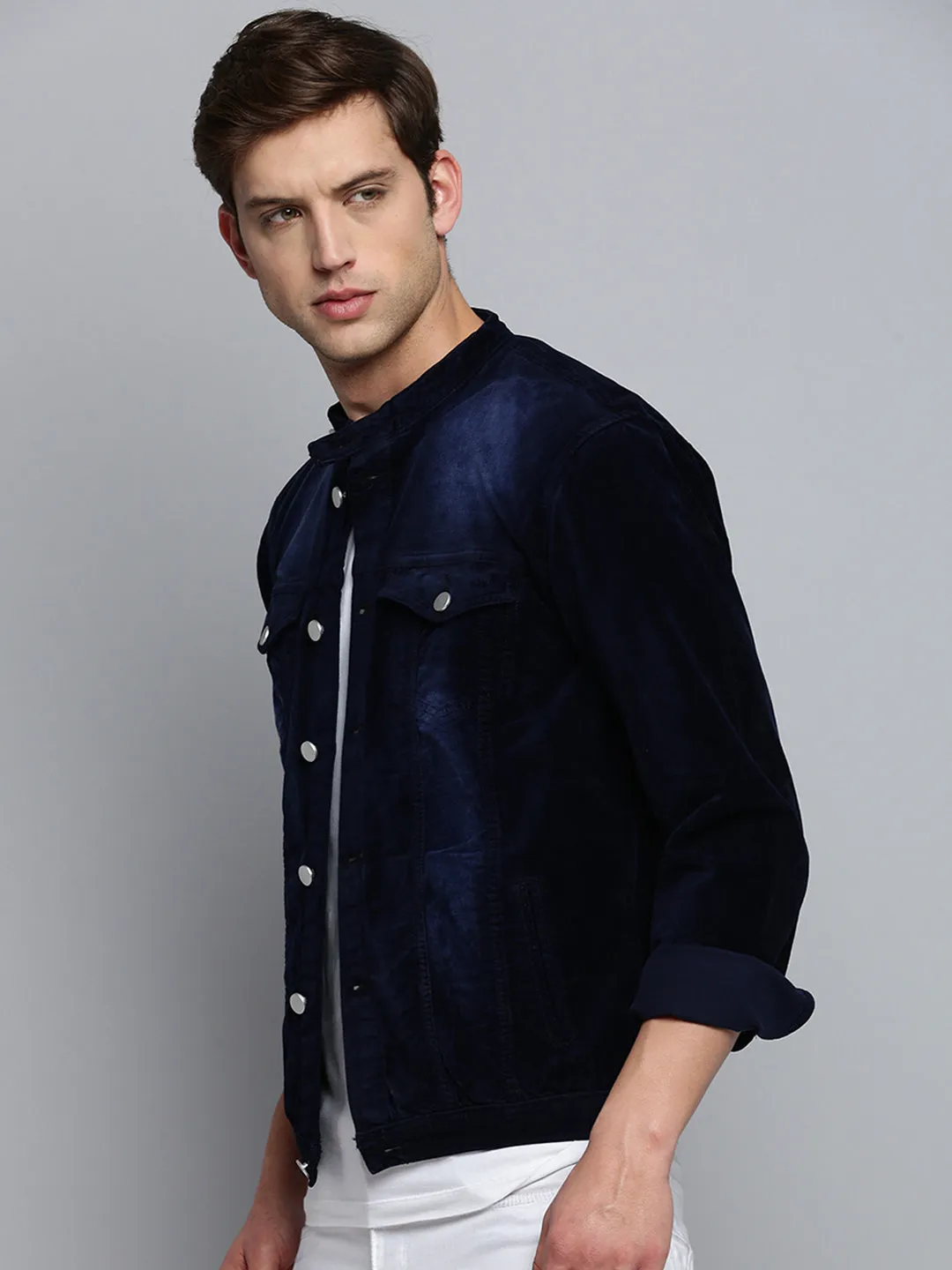 Men Navy Solid Casual Jacket